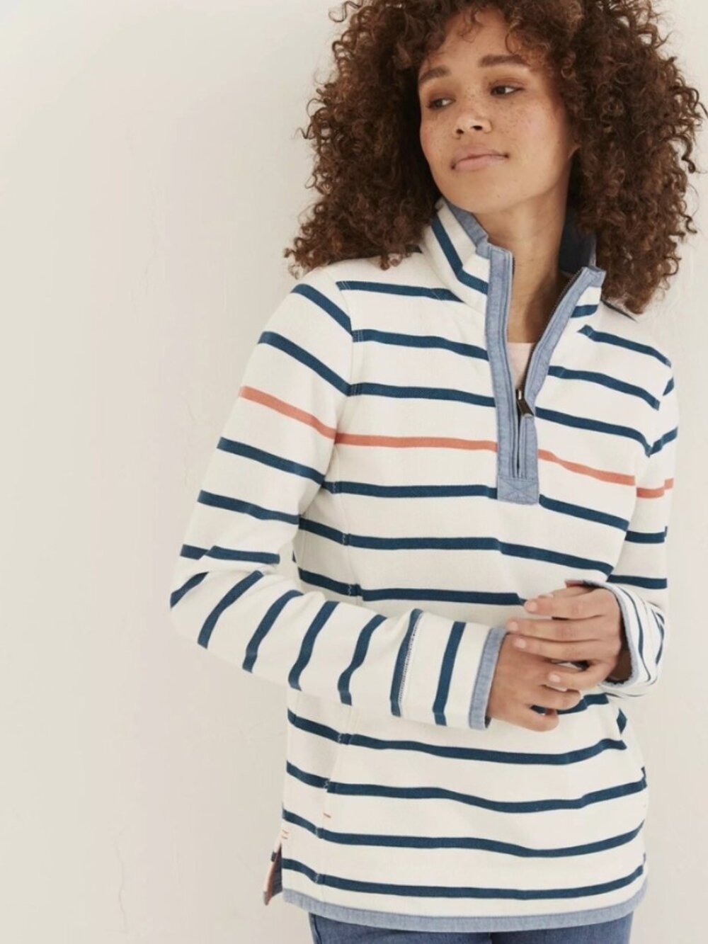Fat Face The Airlie White Navy Stripe Quarter-Zip Pullover Sweatshirt Size 14